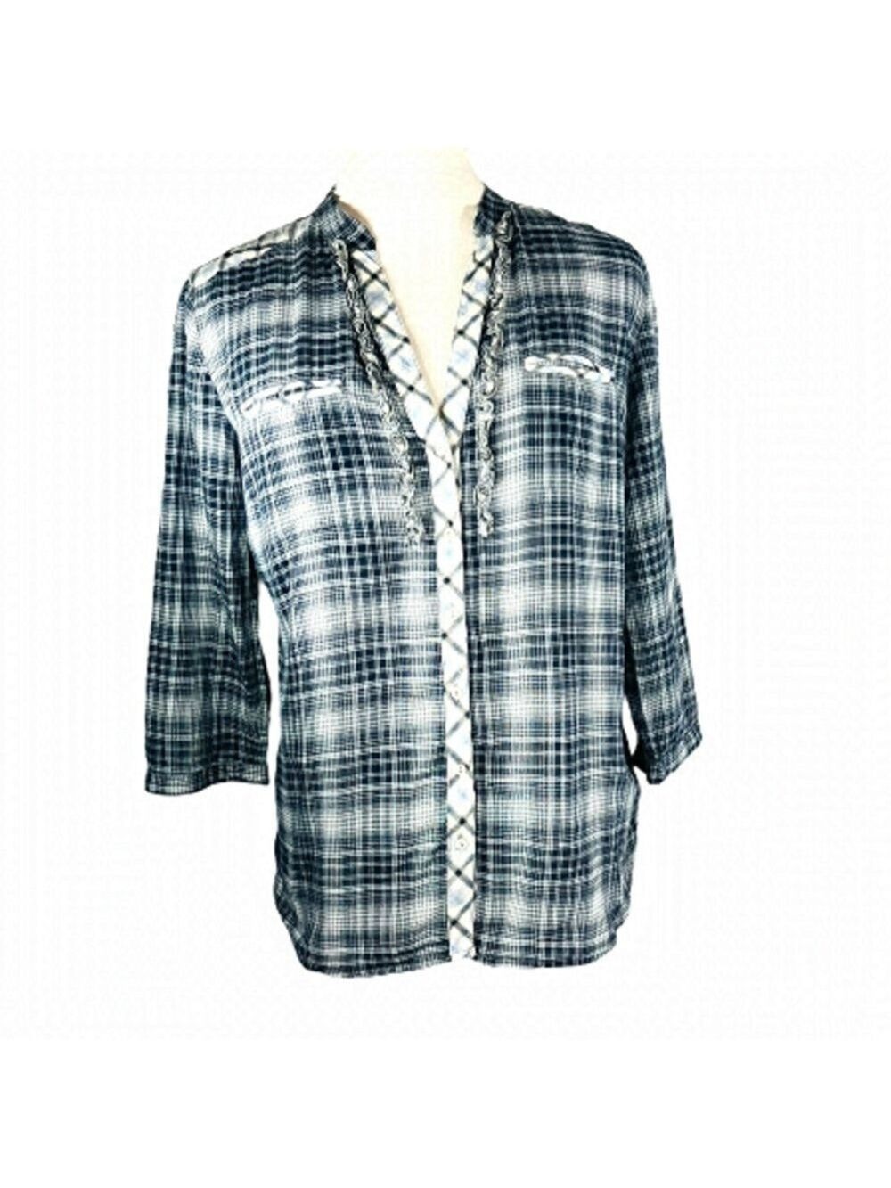 ZARA Woman plaid button down shirt vneck 2 front pockets 3/4 length sleeves SZ S